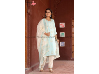 Aamayra Fashion House Sky Blue Stripe Printed Kurti With Cream Pant And Shawl Set For Women