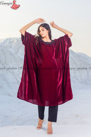 aamayra-fashion-house-maroon-velvet-kaftan-kurti-with-black-woolen-pant-for-women-big-3