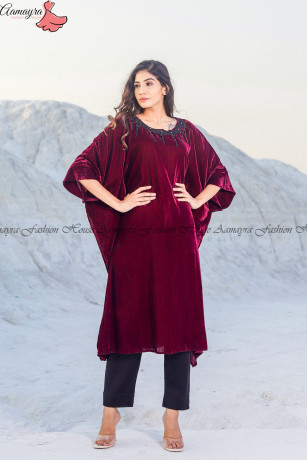 aamayra-fashion-house-maroon-velvet-kaftan-kurti-with-black-woolen-pant-for-women-big-1